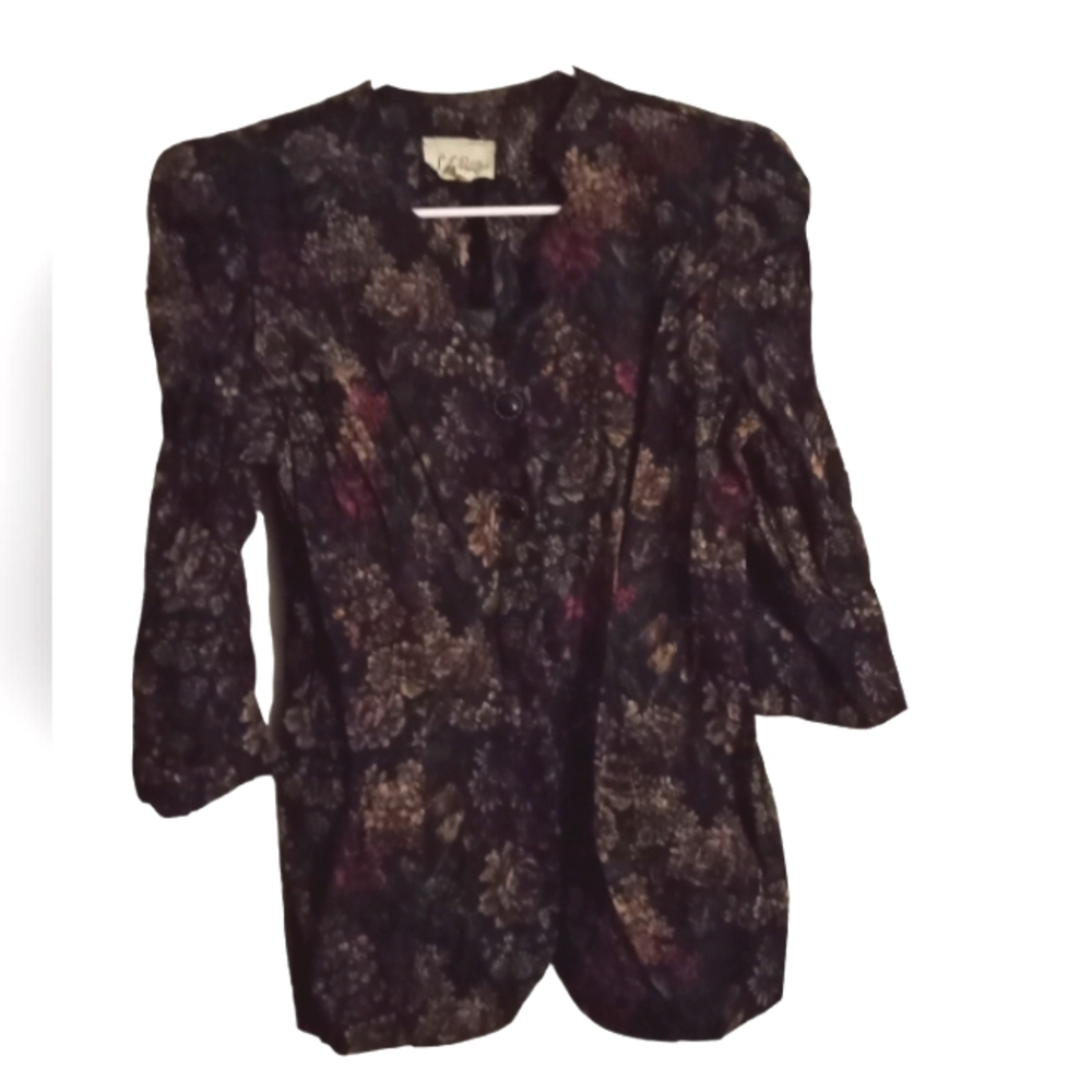 S L Petite Floral Foliage Peplum Jacket Scalloped Neck Skirt Suit-Vintage 1980's